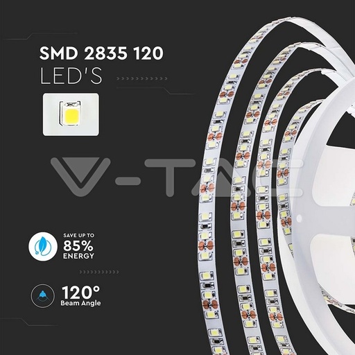 [PTG076.01019] V-TAC 212624, Bandă LED SMD2835 120 LED-uri Luminozitate ridicată 24V IP20 4000K PCB dublu 10m