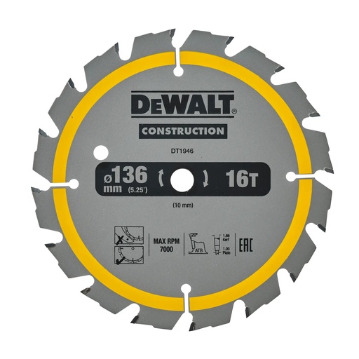 [PTG421.00022] DEWALT Circular Saw Blade, 136mm x 10mm, 16T, DT1946-QZ