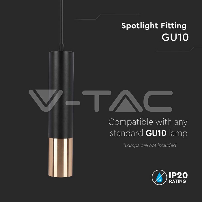 V-TAC 6688, GU10 Pendant Light Black Gold Ø60x300 mm