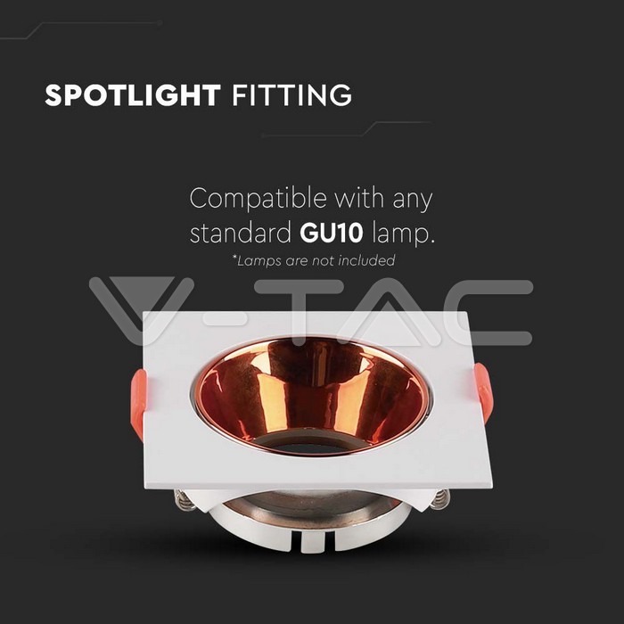 V-TAC 6655, GU10 Holder Square White Frame Rose Gold Reflector