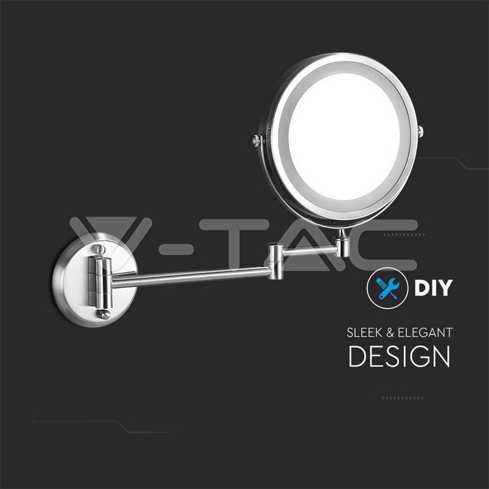 V-TAC 6628, 3W Wall Mounted LED Lighted Mirror, 4 x AA Batteries, Nickel Body