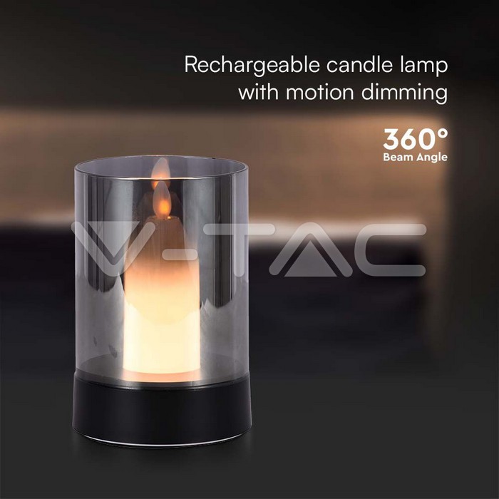 V-TAC 10567, 2W LED Candle Table Lamp 3000K Black + Smoke Glass