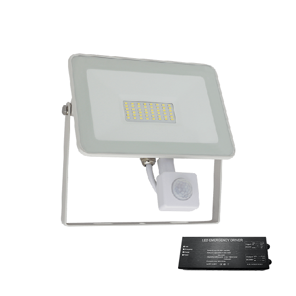 ELMARK 98VEGA50SS/WHE, VEGA SLIM SMD 50W LED FLOODLIGHT with SENSOR White+ EMERGENCY KIT