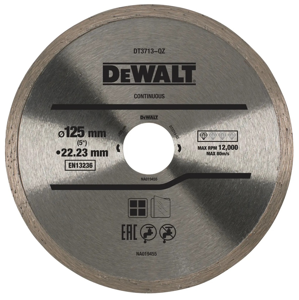 DEWALT High Performance Diamond Cutting Disc Continuous Rim, 125mm x 22.23mm, DT3713-QZ