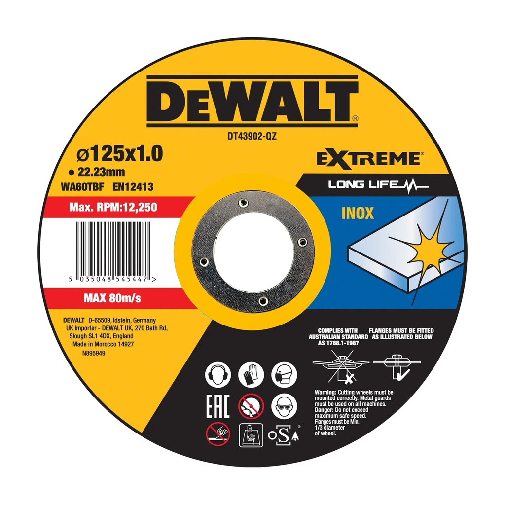 DEWALT Extreme Bonded Abrasive INOX Cutting Disc, 125mm x 1mm x 22.23mm, DT43902-QZ