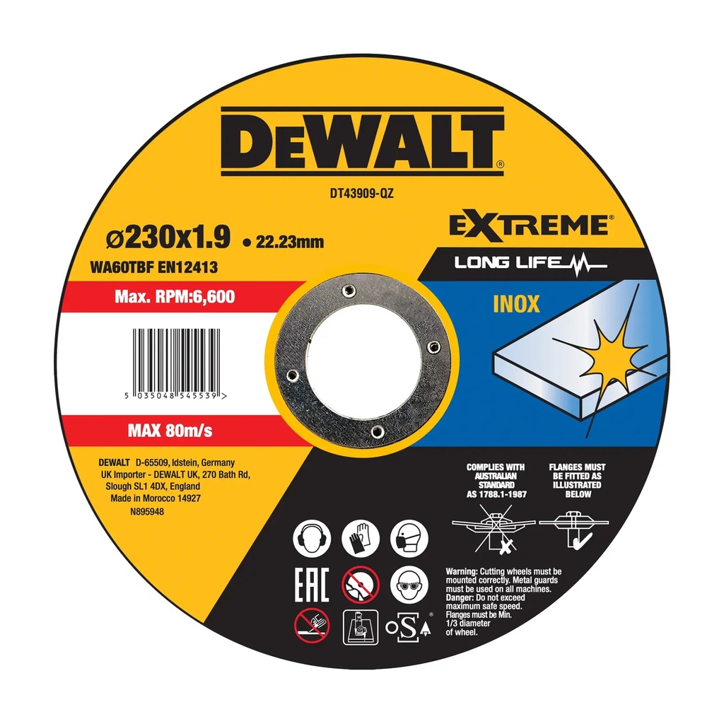 DEWALT Extreme Bonded Abrasive INOX Cutting Disc, 230mm x 2mm x 22.23mm, DT43909-QZ
