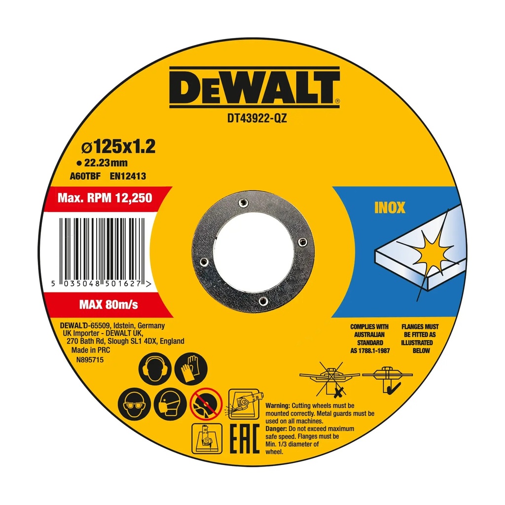 DEWALT High Performance Bonded Disc Thin Cut, 10 x Tin, 125mm x 1.2mm x 22.23mm, DT43922-QZ