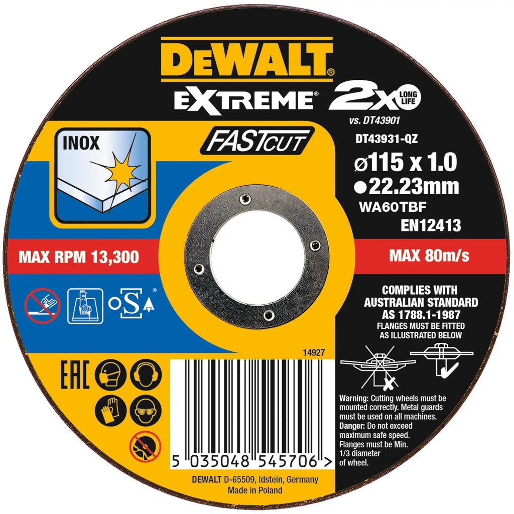DEWALT Extreme® Bonded Disc Thin Fast Cut, 115mm x 1.0mm x 22.23mm, DT43931-QZ
