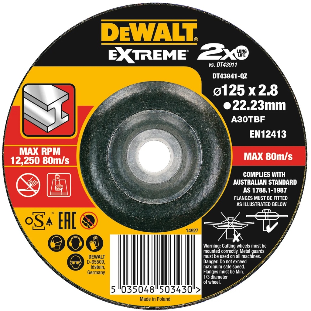 DEWALT Extreme® Bonded Disc Cutting, 125mm x 3.0mm x 22.23mm, DT43941-QZ