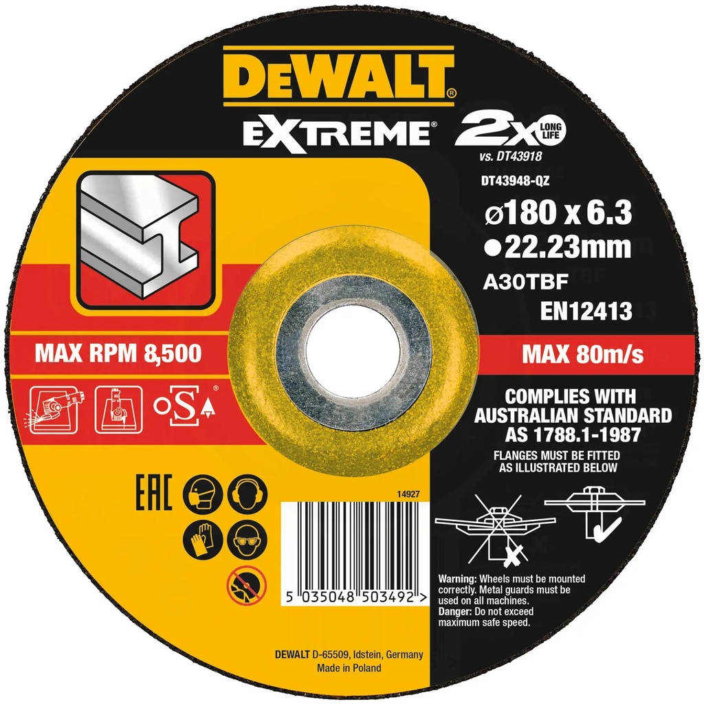 DEWALT Extreme® Bonded Disc Grinding, 180mm x 6.3mm x 22.23mm, DT43948-QZ