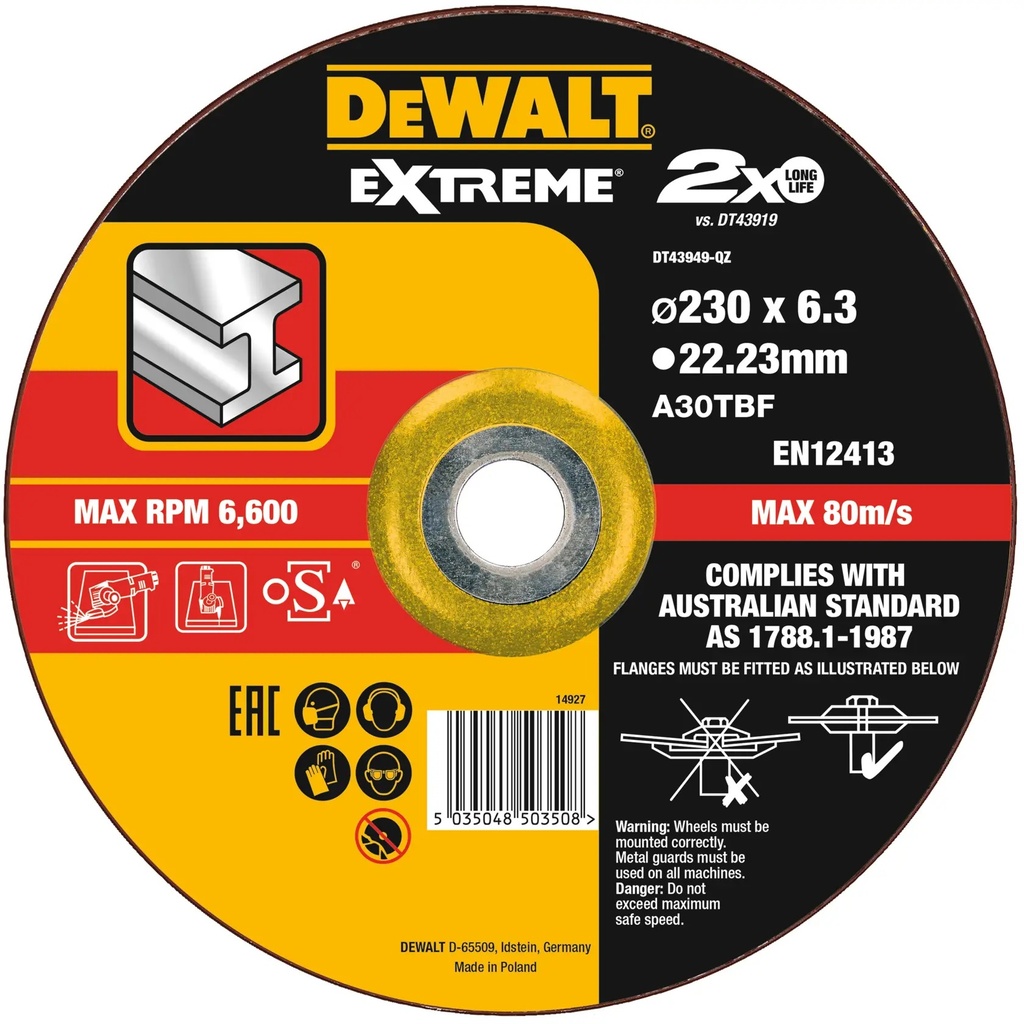 DEWALT Extreme® Bonded Disc Grinding, 230mm x 6.3mm x 22.23mm, DT43949-QZ
