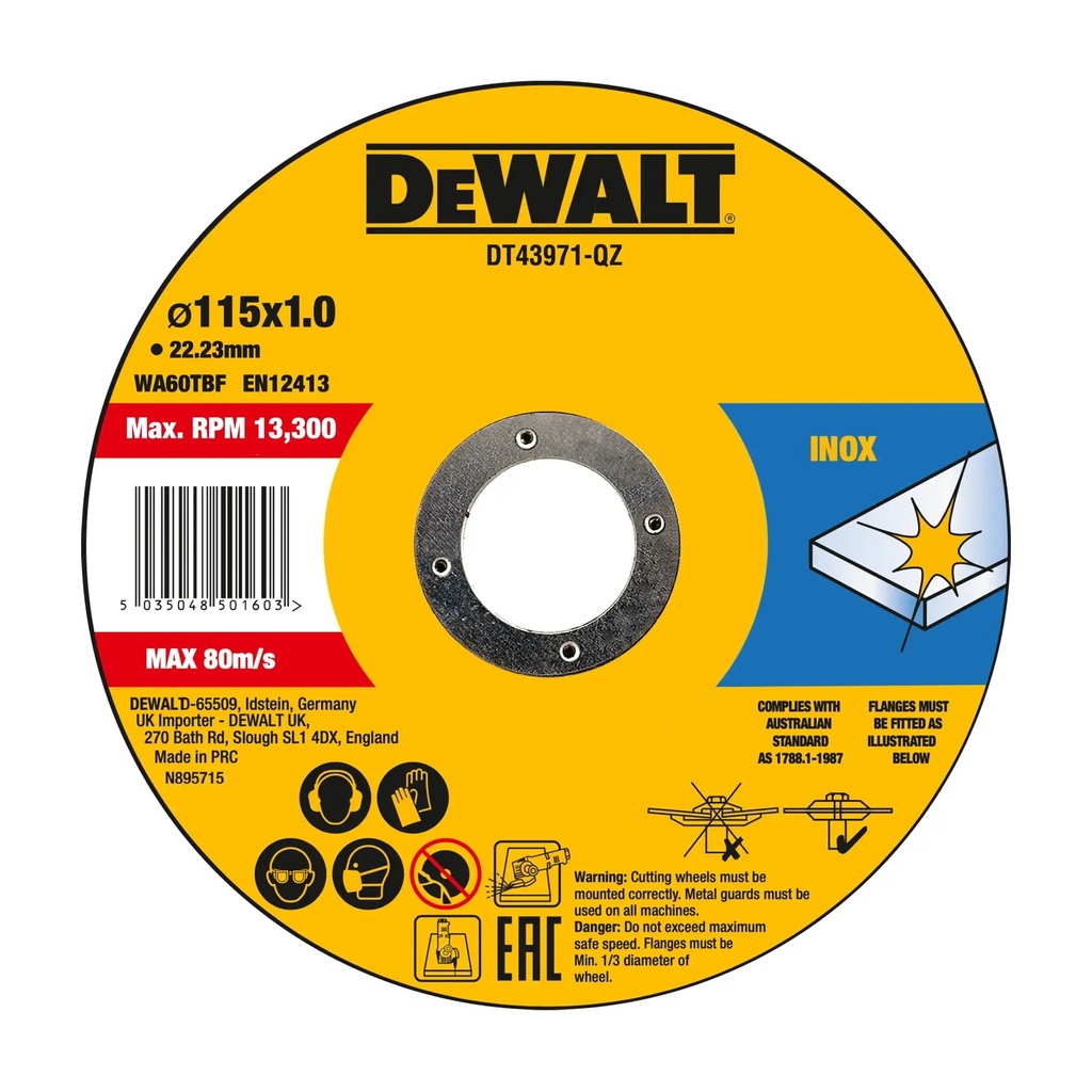 DEWALT High Performance Bonded Disc Thin Fast Cut, 10 x Tin, 115mm x 1.0mm x 22.23mm, DT43971-QZ
