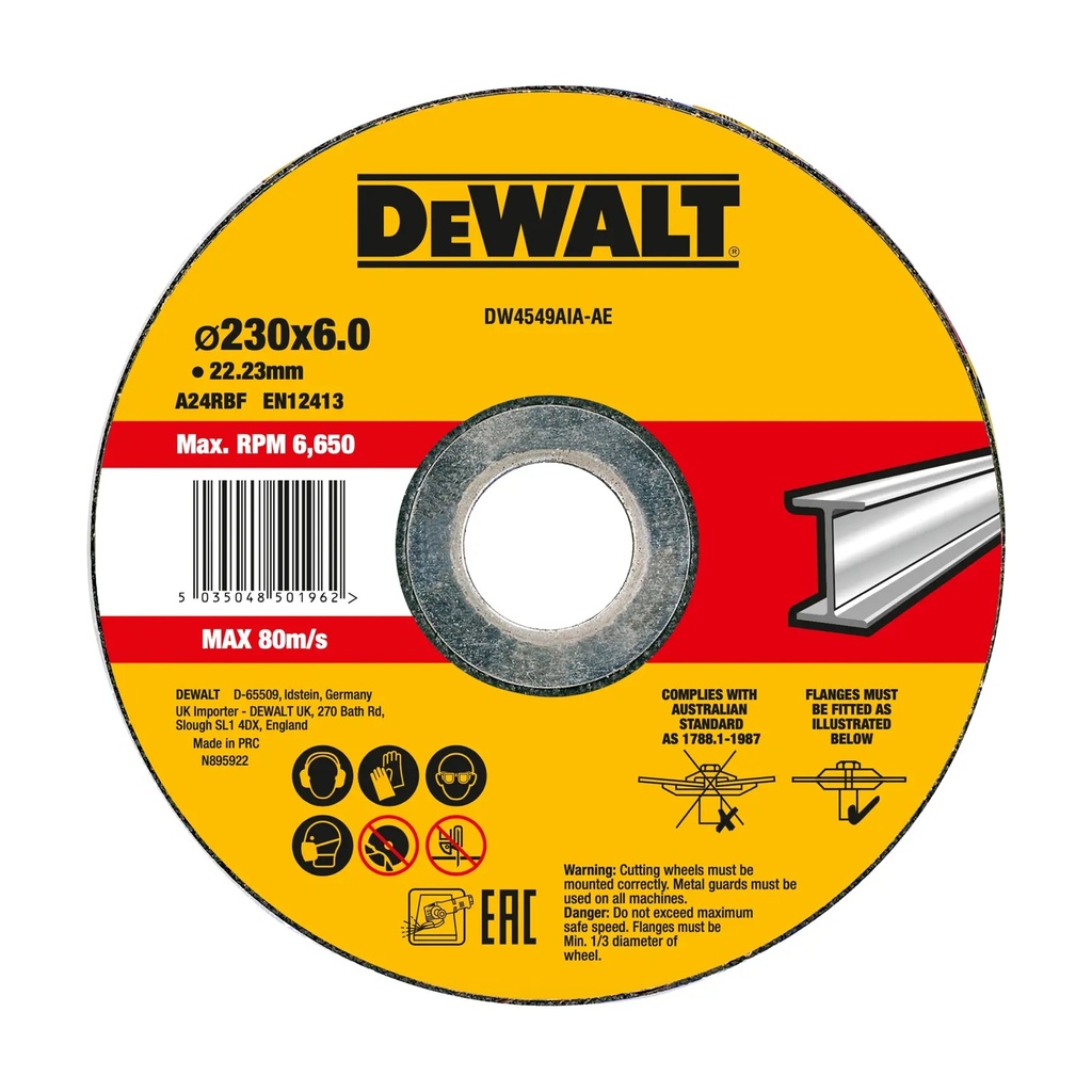 DEWALT Bonded Abrasive Metal Grinding Disc, 230mm x 6mm x 22.23mm, DW4549AIA-AE