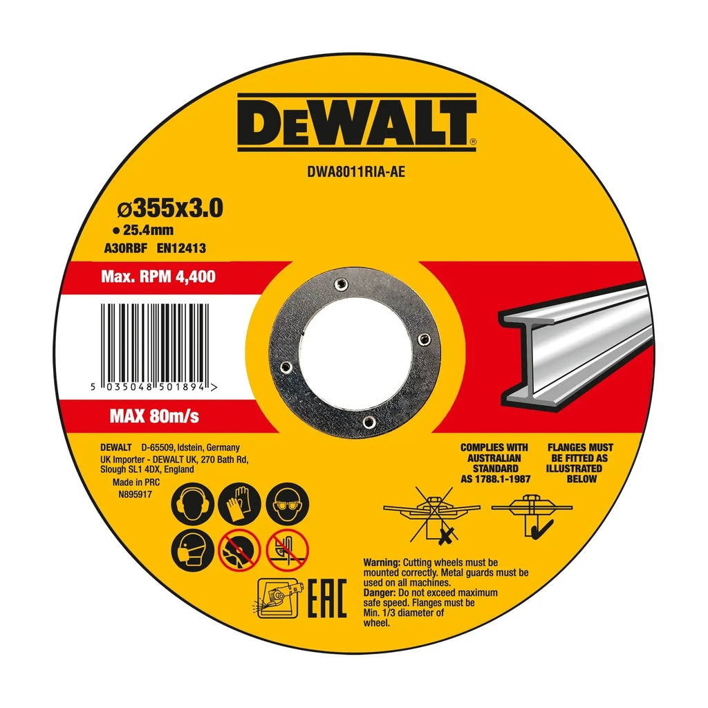 DEWALT Bonded Abrasive Metal Cutting Disc, 355mm x 3mm x 25.4mm, DWA8011RIA-AE