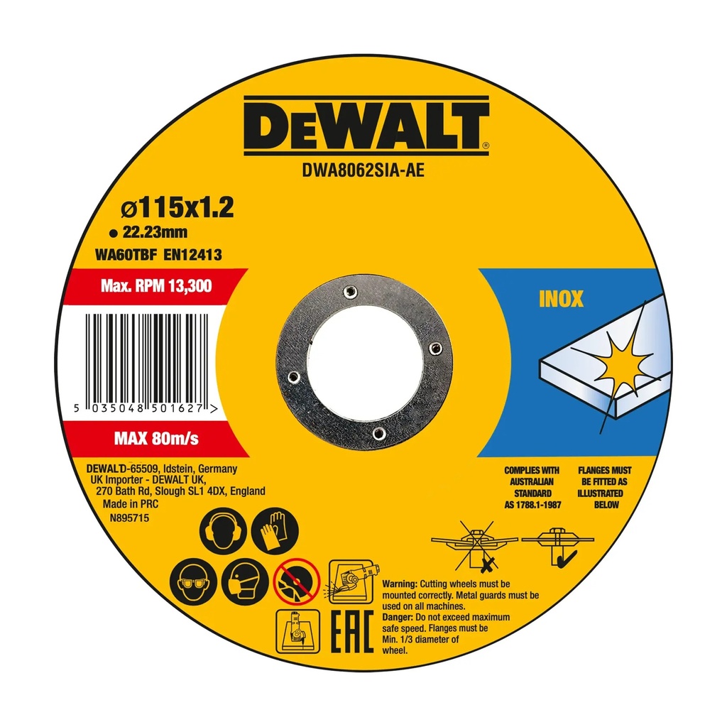 DEWALT INOX Cutting Wheel T1, 115 x 1.0 x 22.23mm, 25 Pack, DWA8062SIA-AE