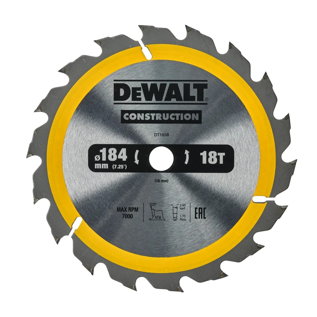DEWALT Lama de ferastrau circular pentru constructii, 184 mm x 16 mm, 18 dinti, DT1938-QZ
