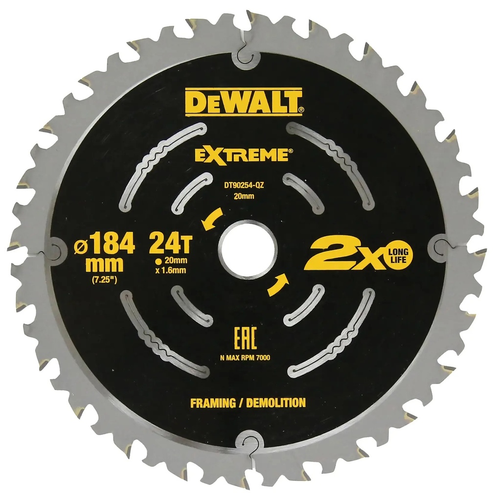 DEWALT Extreme 2x Life Demolition Circular Saw Blade (16/20 mm), 184mm, 24T, DT90254-QZ