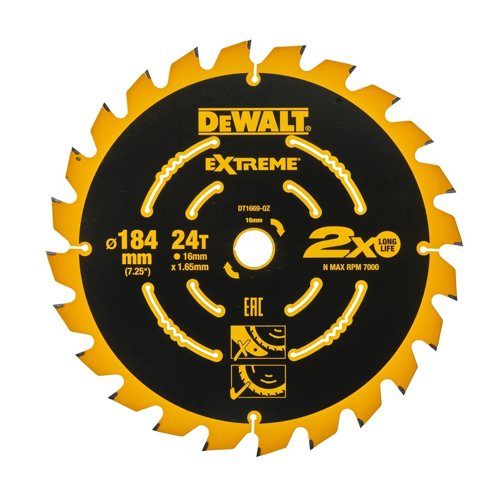 DEWALT Extreme 2nd Fix Circular Saw Blade, 184mm, 16mm, 24T, DT1669-QZ