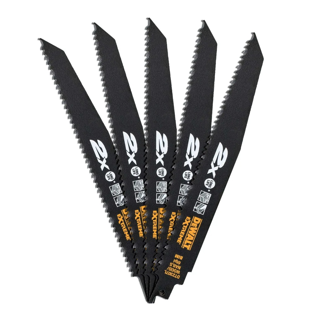 DEWALT Extreme 6 TPI (Demolition Wood + Nails) BI-Metal Reciprocating Blades, 28mm, 5 Pack, DT2307L-QZ