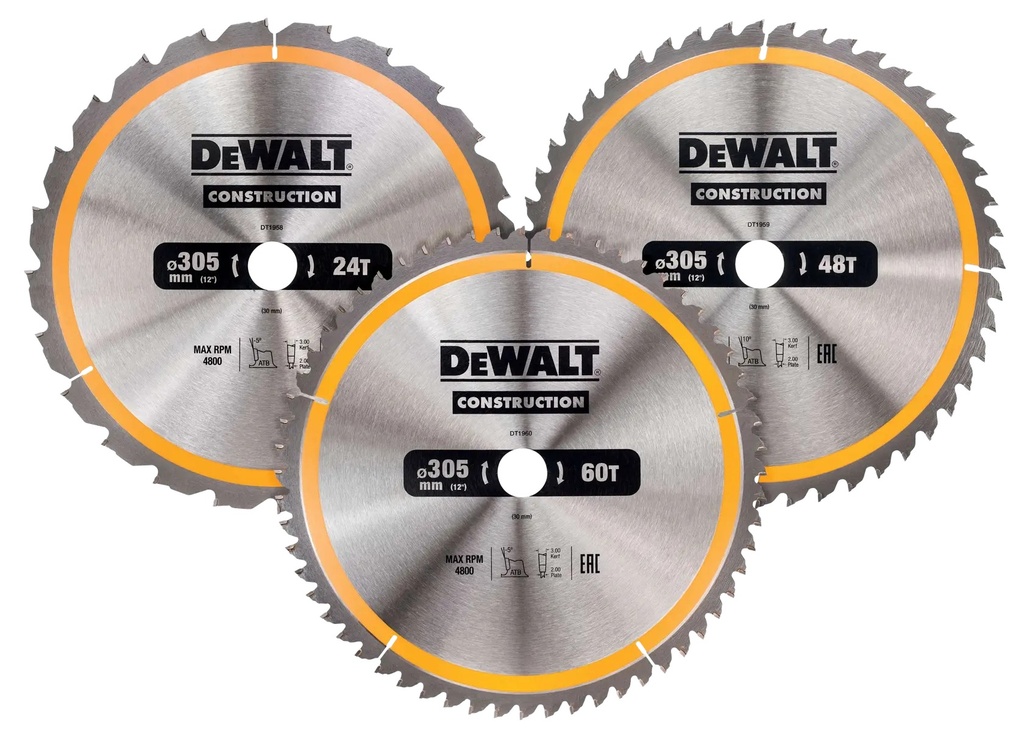 DEWALT Construction Circular Saw Blades (1x305 24t/1x305 48t/1x305 60t), 3 Pack, DT1964-QZ