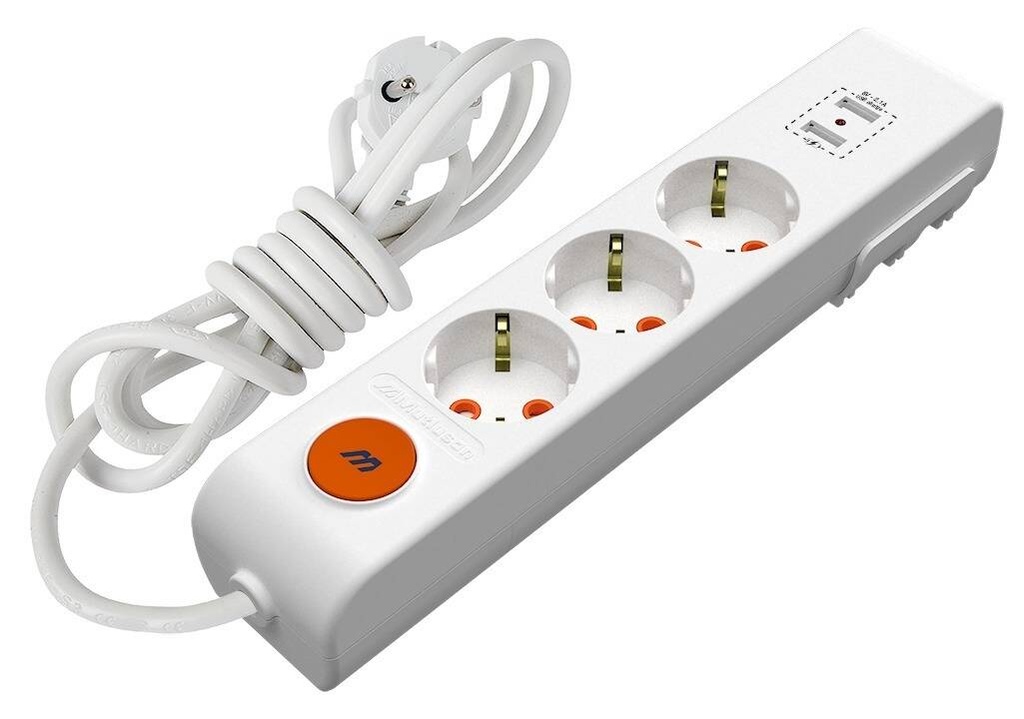 Extension Cord (2 x USB, Switch), 3 Sockets, 2m, 3x1mm², MUTLUSAN