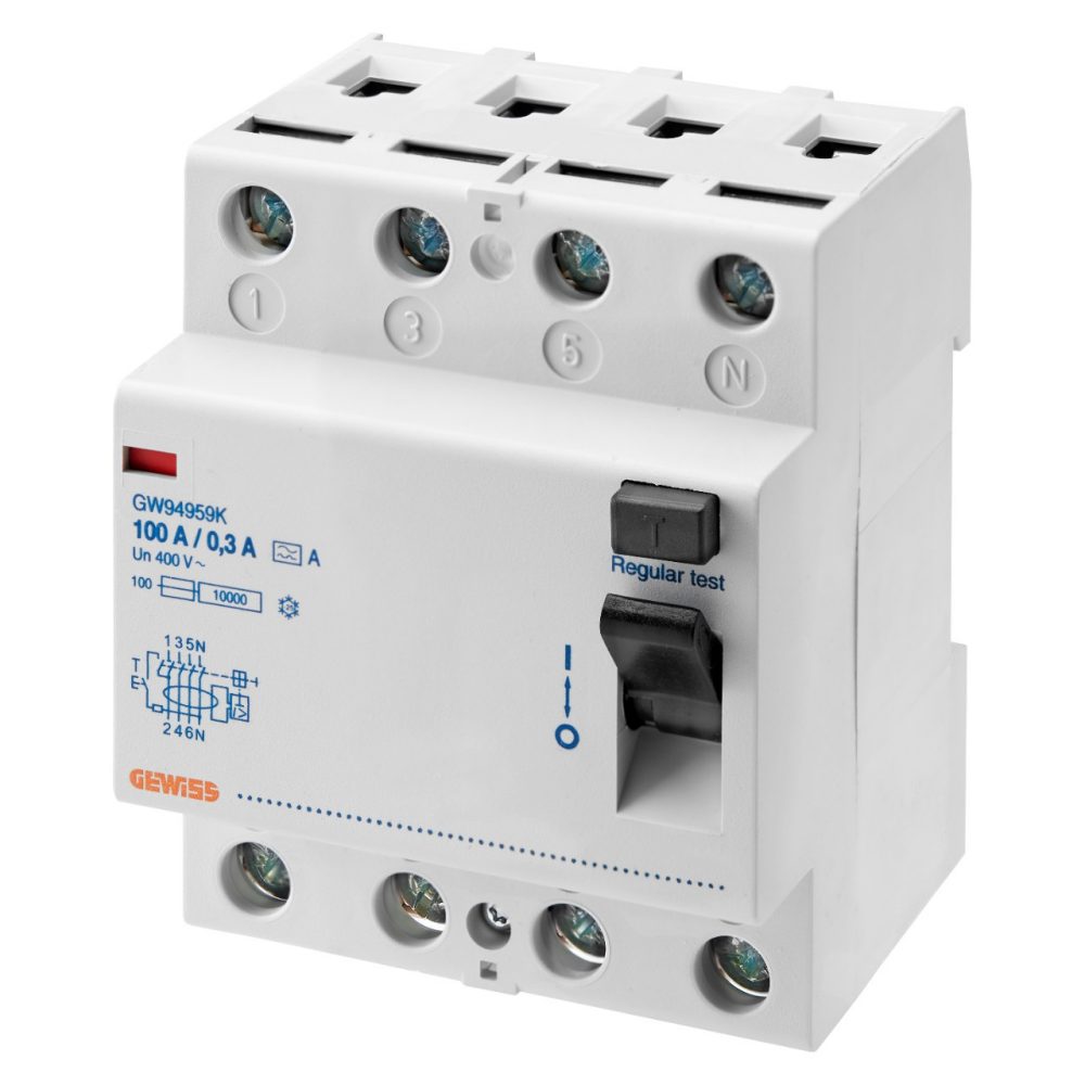 GEWISS GW94959K, Întrerupător siguranță automată de curent rezidual IDP - 4P, 100A tip A instantaneu IDn= 0,3A, 4 module