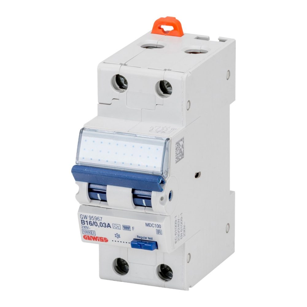 GEWISS GW95937, Întrerupător siguranță automată compactă de curent rezidual cu protecție la supracurent, Curbă 2P C 16A 6kA tip F IDn=0,03A, 2 module