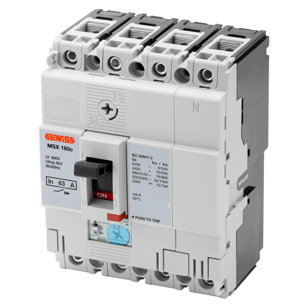 GEWISS GWD9014, MSX 160c, Întrerupător siguranță automată compactă cu carcasă turnată, Eliberare magnetică termică și fixă reglabilă, 16kA 3P+N 80A 525V