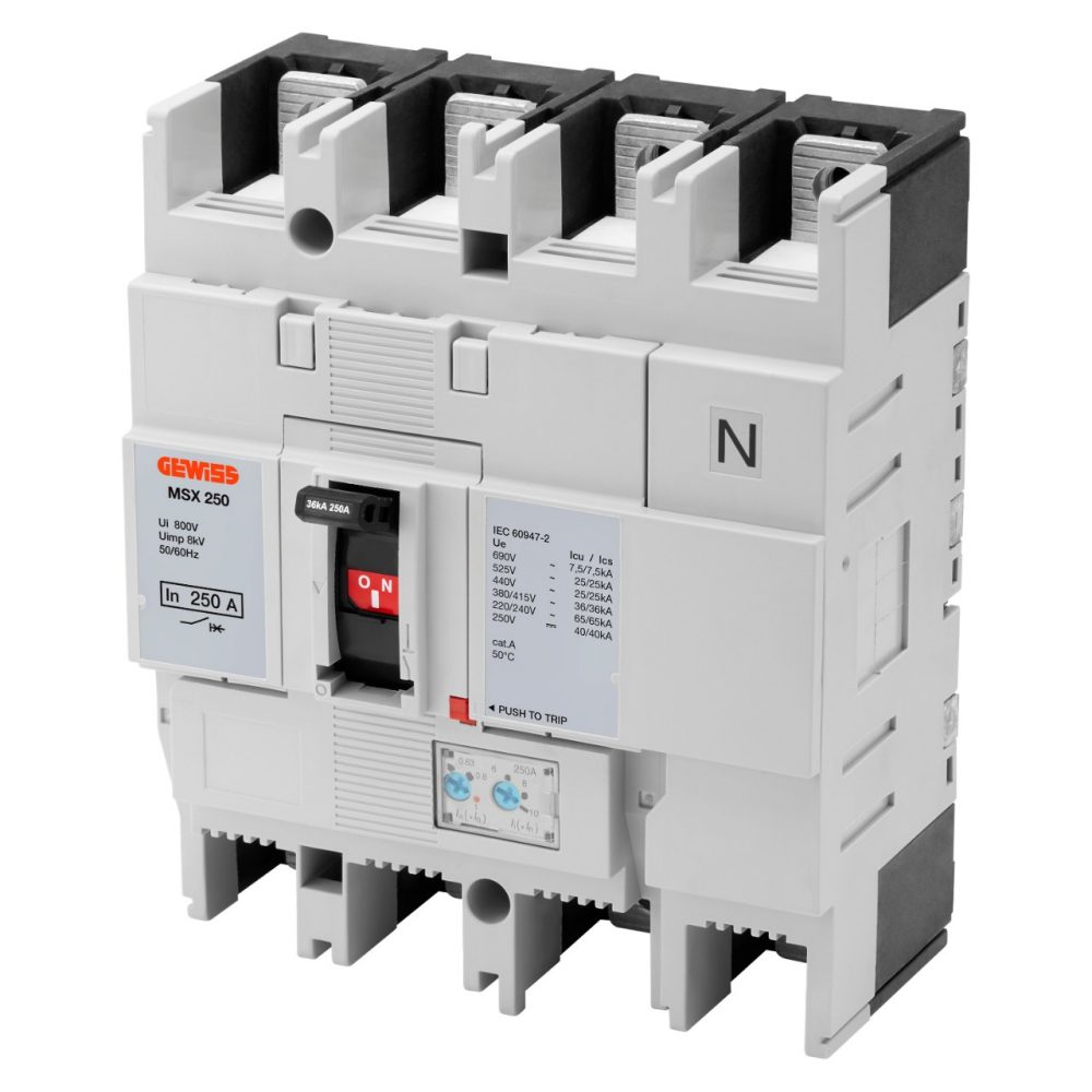 GEWISS GWD9177, Msx 160, Moulded Case Circuit Breakers, Thermal Adjustable, Magnetic Adjustable, 65Ka 4P 160A 690V