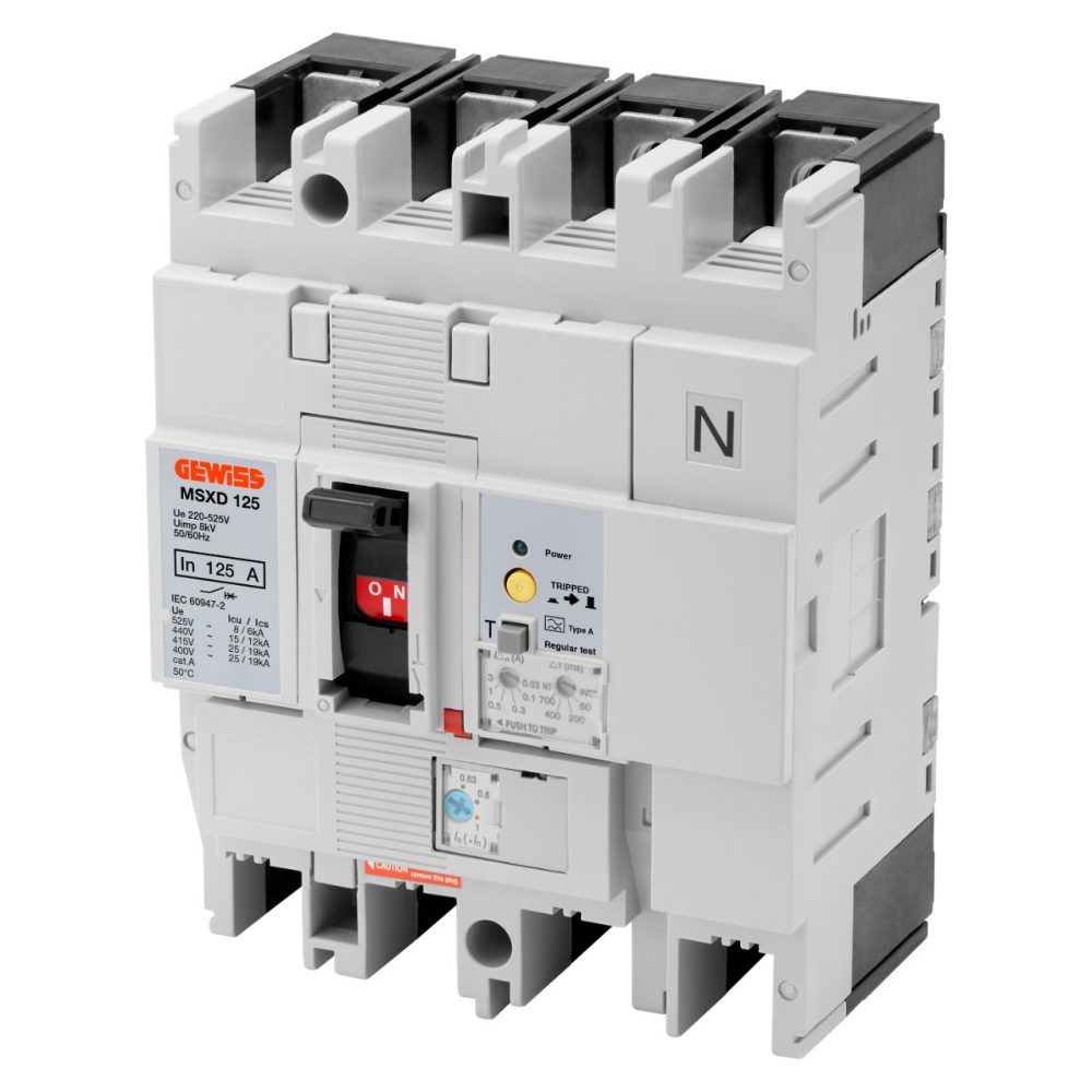 GEWISS GWD9574, Msxd 125, Moulded Case Circuit Breakers with Residual Current Protection, Thermal Adjustable, Fixed Magnetic, Adjustable Residual Current Release, 36Ka 3P+N 63A 525V