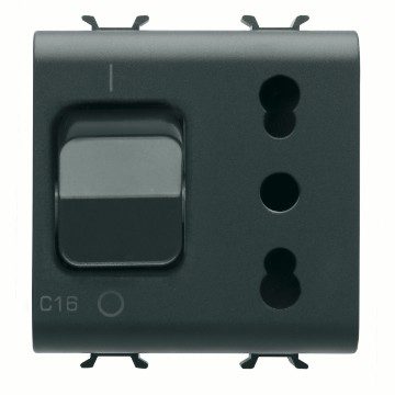 GEWISS GW12311, Interlocked Switched Socket Outlet, 2P+E 16A P17/P11, with Miniature Circuit Breaker 1P+N 16A, 230V Ac, 2 Modules, Satin Black, Chorusmart.
