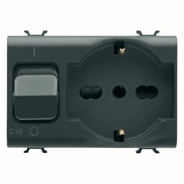 GEWISS GW12312, Priză interblocată, 2P+E 16A P40, Cu întrerupător miniatuRAL 1p+n 16A, 230V c.a., 3 module, Negru satinat, Chorusmart.