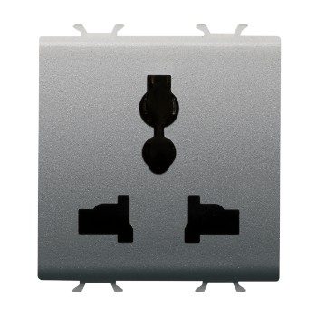 GEWISS GW14310, Multistandard Socket Outlet 2P+E, 13 A/250 V Ac, 15 A/127 V Ac, 2 Modules, Titanium, Chorusmart
