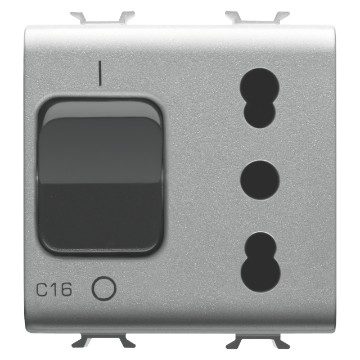 GEWISS GW14311, Interlocked Switched Socket Outlet, 2P+E 16A P17/P11, with Miniature Circuit Breaker 1P+N 16A, 230V Ac, 2 Modules, Titanium, Chorusmart.