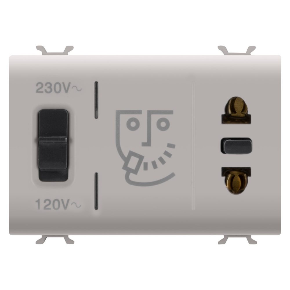 GEWISS GW13331, Priză standard euro,americană pentru aparat de ras cu transformator de izolație, 230V c.a., 50/60 hz, 3 module, Bej satinat natural, Chorusmart