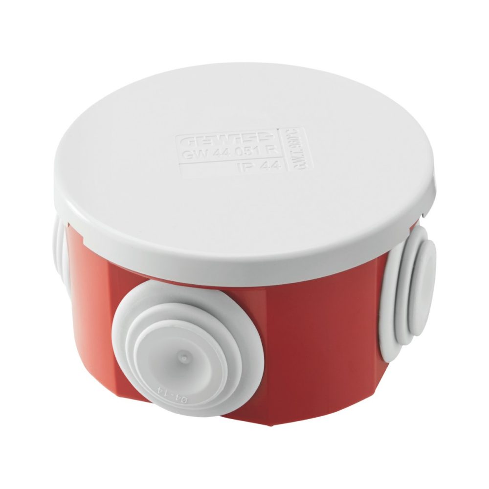 GEWISS GW44051R, Junction Box with Plain Presson Lid, IP44, Internal Dimensions Ø 65x35, Walls with Cable Glands , Gwt960ºc, Grey Ral 7035, Box Red Ral 3000