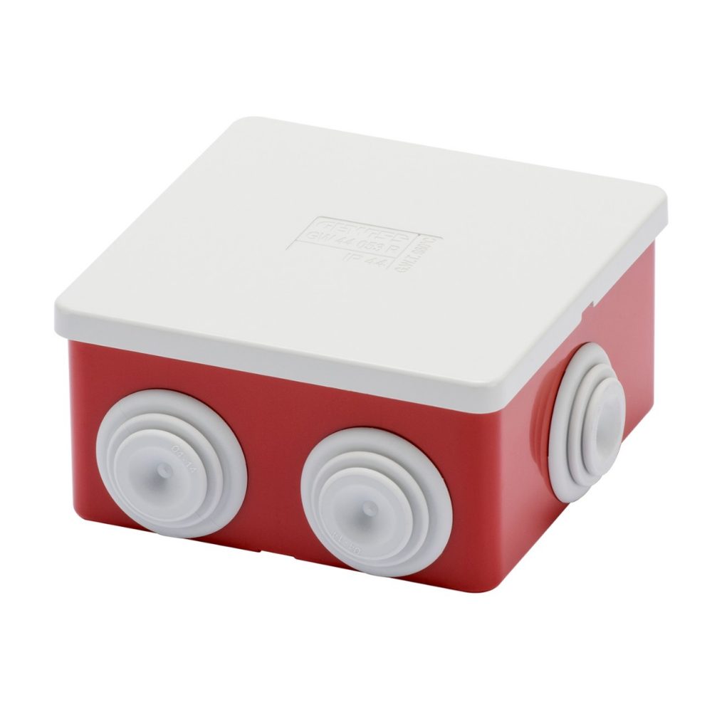 GEWISS GW44053R, Junction Box with Plain Presson Lid, IP44, Internal Dimensions 80x80x40, Walls with Cable Glands, Gwt960ºc, Grey Ral 7035, Box Red Ral 3000