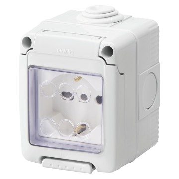 GEWISS GW27842, Carcasă etanșă cu dispozitive de sistem, Cu priză 2P+E 16A cu Amperaj dublu, Standard italian/german, IP55, Gri RAL 7035