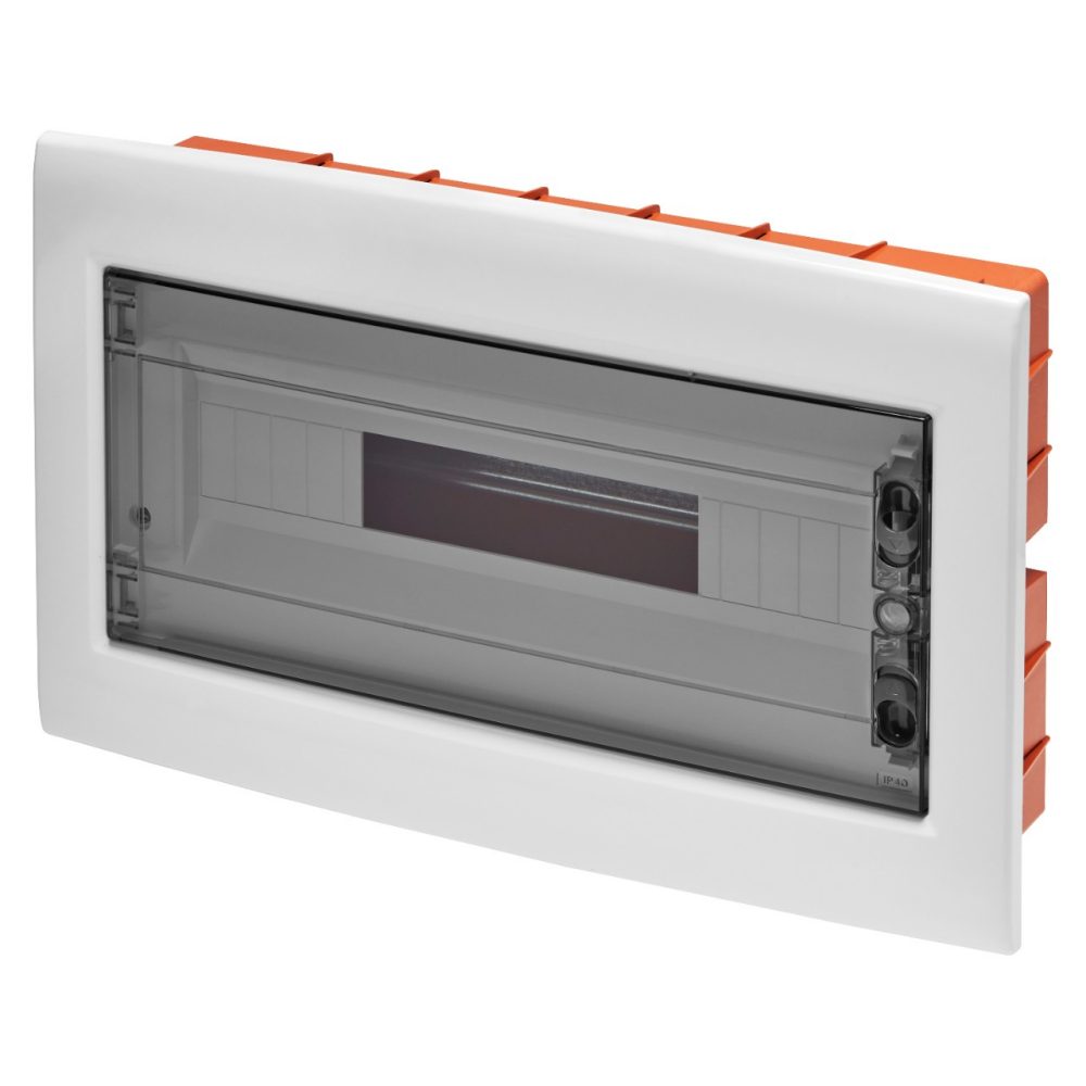 GEWISS GW40608BS, Carcasă încastrată cu ușă transparentă fumurie cu cadru extractibil, Cu regletă de borne n (3x16)+(17x10) e (3x16)+(17x10), 8 module IP40