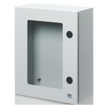 GEWISS GW46234, Placă din metal cu ușă simplă prevăzută cu fereastră din sticlă securizată și încuietoare 405x650x200, IP55, Gri RAL 7035