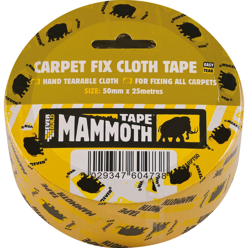 EVERBUILD MAMMOTH CARPET FIX CLOTH TAPE, Premium double-sided carpet fixing cloth tape, Clear, 50 mm x 25 m