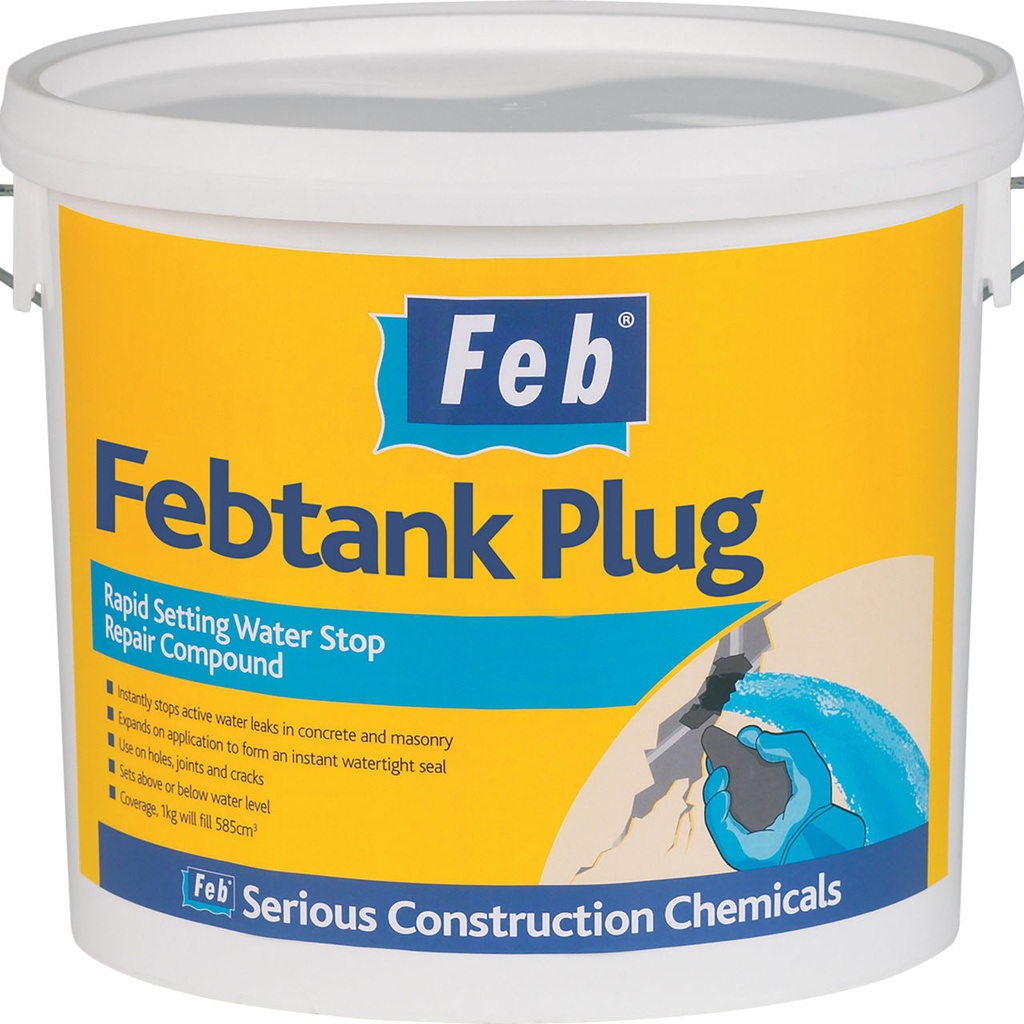 Feb Febtank Plug, Rapid-Setting Water-Stop Repair Compound, Interior & Exterior, Grey powder, 5 kg