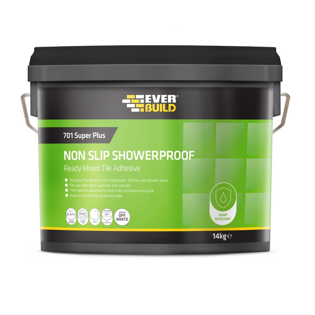 EVERBUILD 701 Non Slip Tile Adhesive, Showerproof Acrylic Tile Adhesive Extra Grab, Interior, Off white
