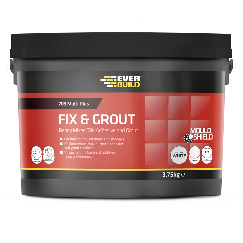 EVERBUILD 703 Fix & Grout Tile Adhesive, Ready-Mixed Tile Adhesive & Grout Mould Resistant, Interior, White