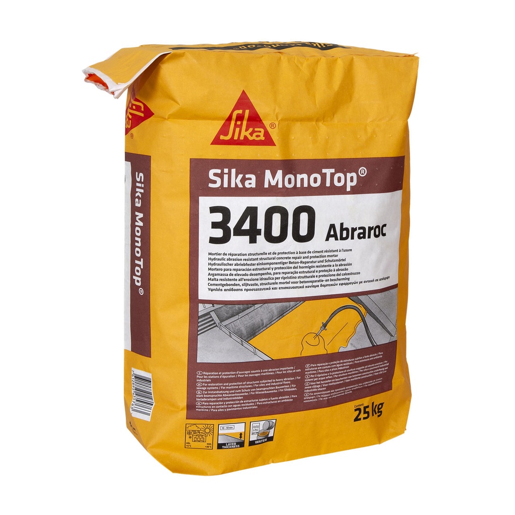 Sika MonoTop-3400 Abraroc, Mortar de reparatii de inalta rezistenta, rezistent la abraziune, Interior si exterior, Pudra gri, 25 kg