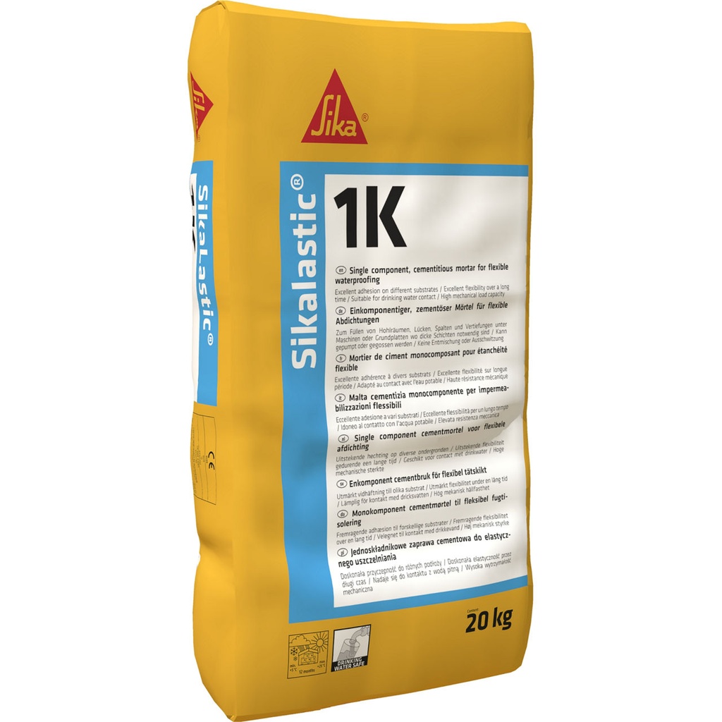 Sikalastic-1K GB, Flexible waterproofing mortar fibre-reinforced, easy to use, Interior & Exterior, Light grey, 20 kg
