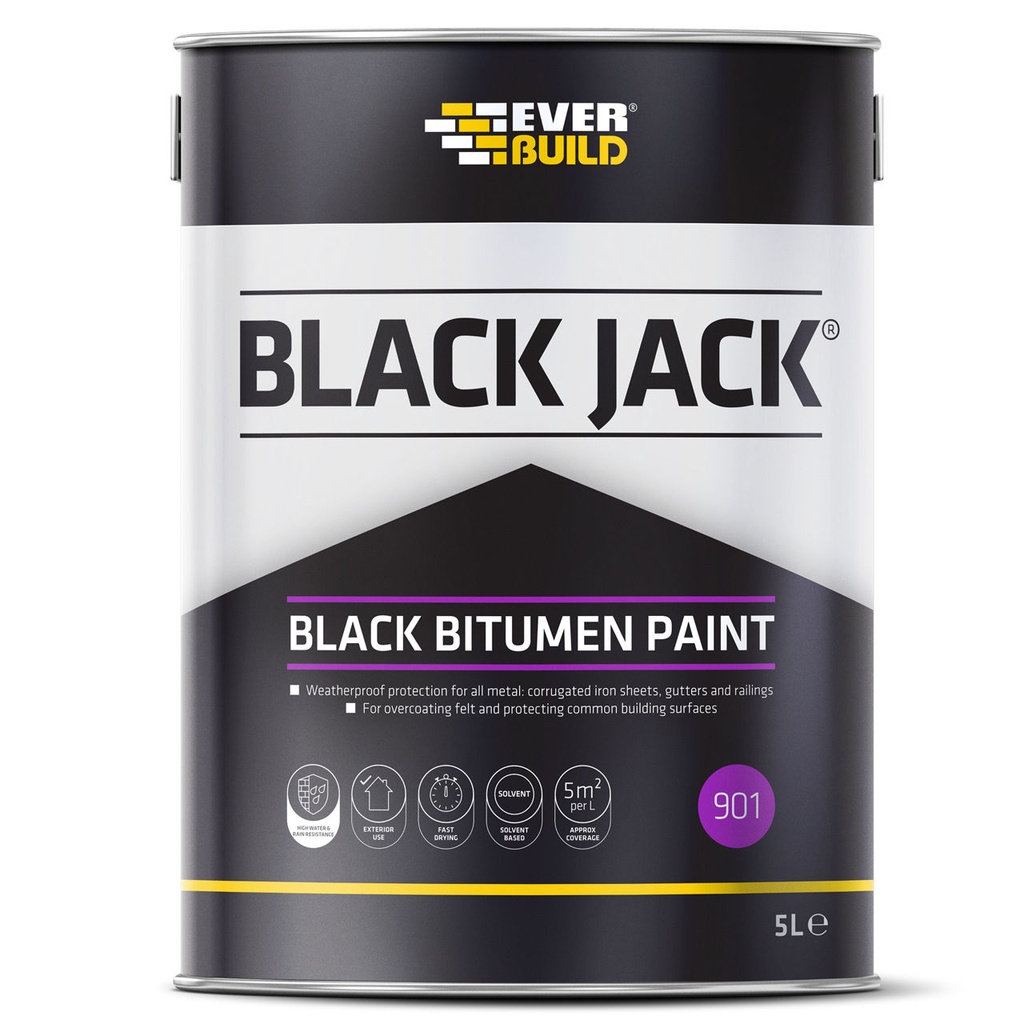 EVERBUILD BLACK JACK 901 BLACK BITUMEN PAINT, Bitumen-Based Black Paint for Metal Protection, Interior & Exterior, Black