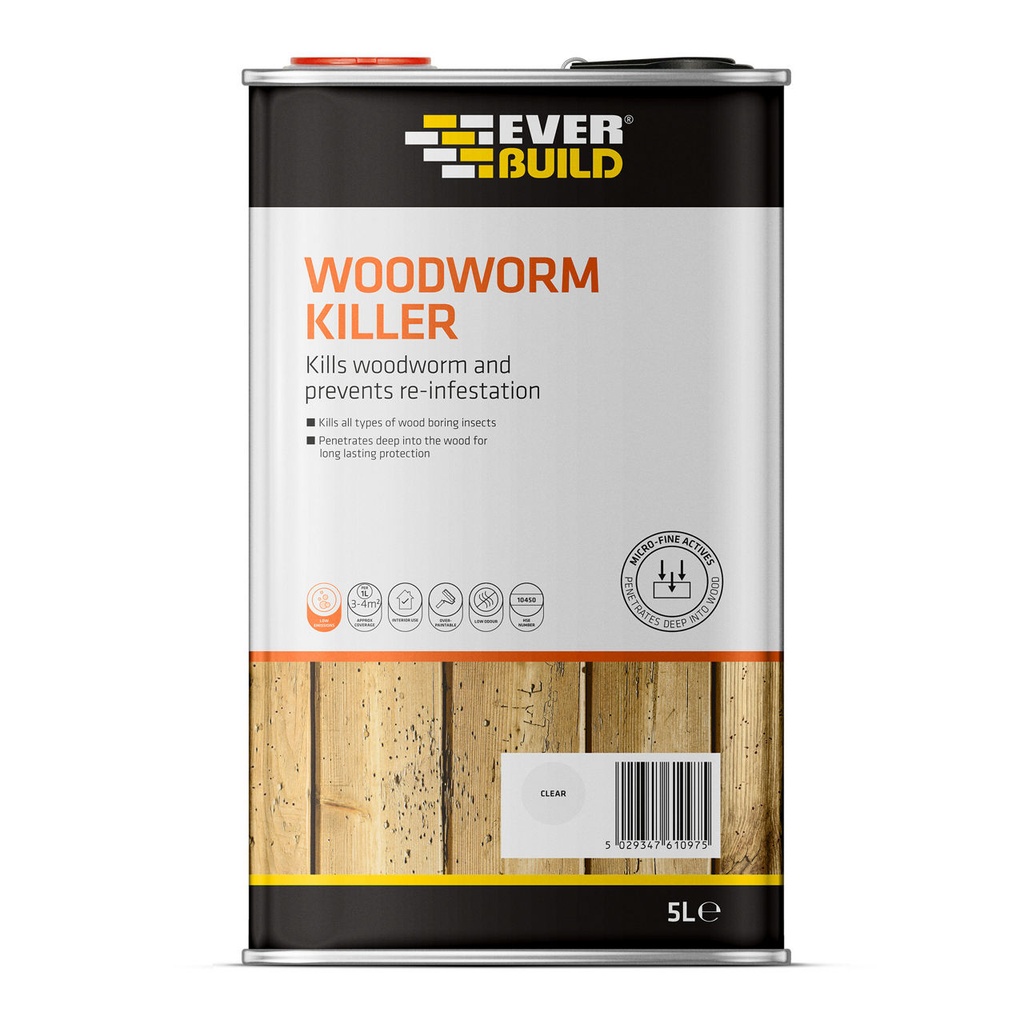 EVERBUILD Lumberjack Woodworm Killer, Ready-to-Use Woodworm Treatment, Interior, Clear, 5 L