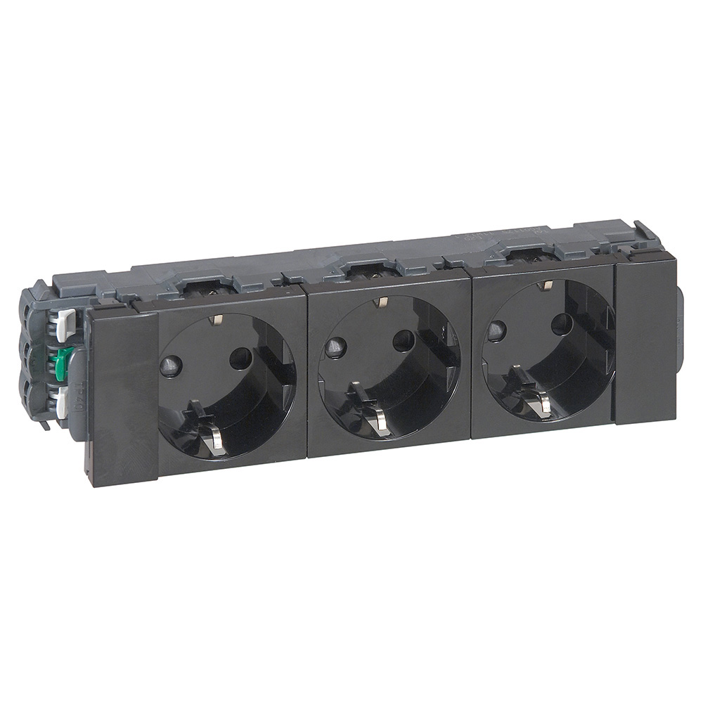 LEGRAND 077233, Mosaic 3 x 2P+T Socket for DLP or DLP, S Trunking, Direct Snap, on, Black Edition