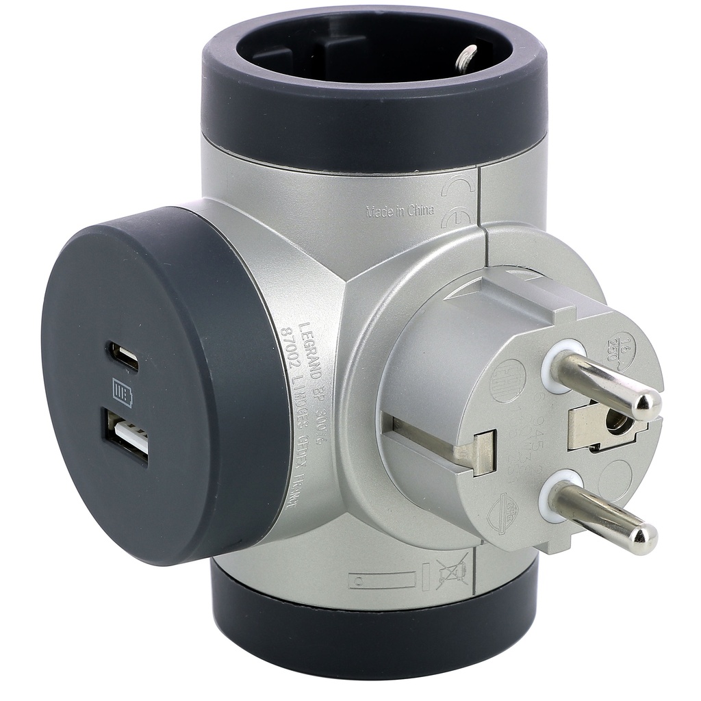 Legrand 694524, Bloc Prize Iesiri Laterale Premium Rotativ 2X 2P+T, 16A Si USB A+C, Aluminiu